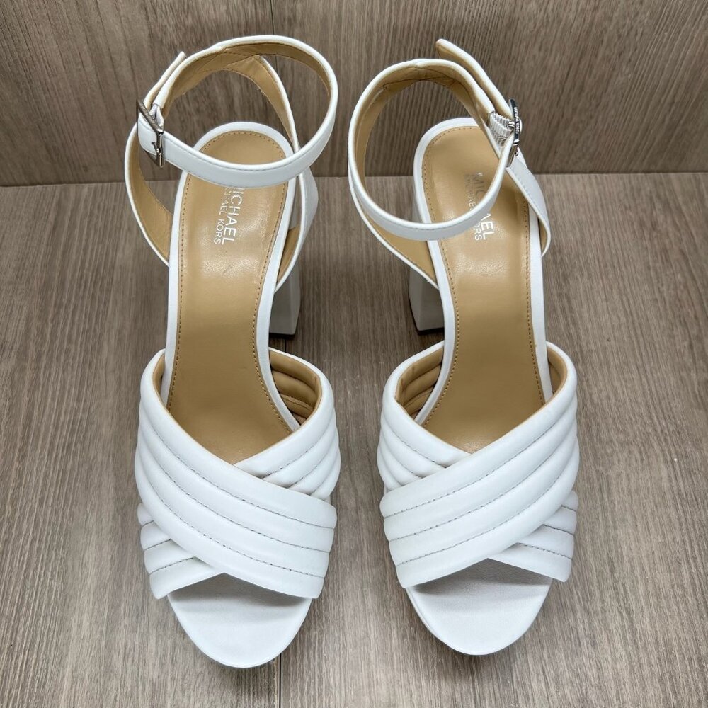 Michael Kors Royce Quilted Leather Platform Sandal Womens 8.5M Cross Strap White - Picture 2 of 15